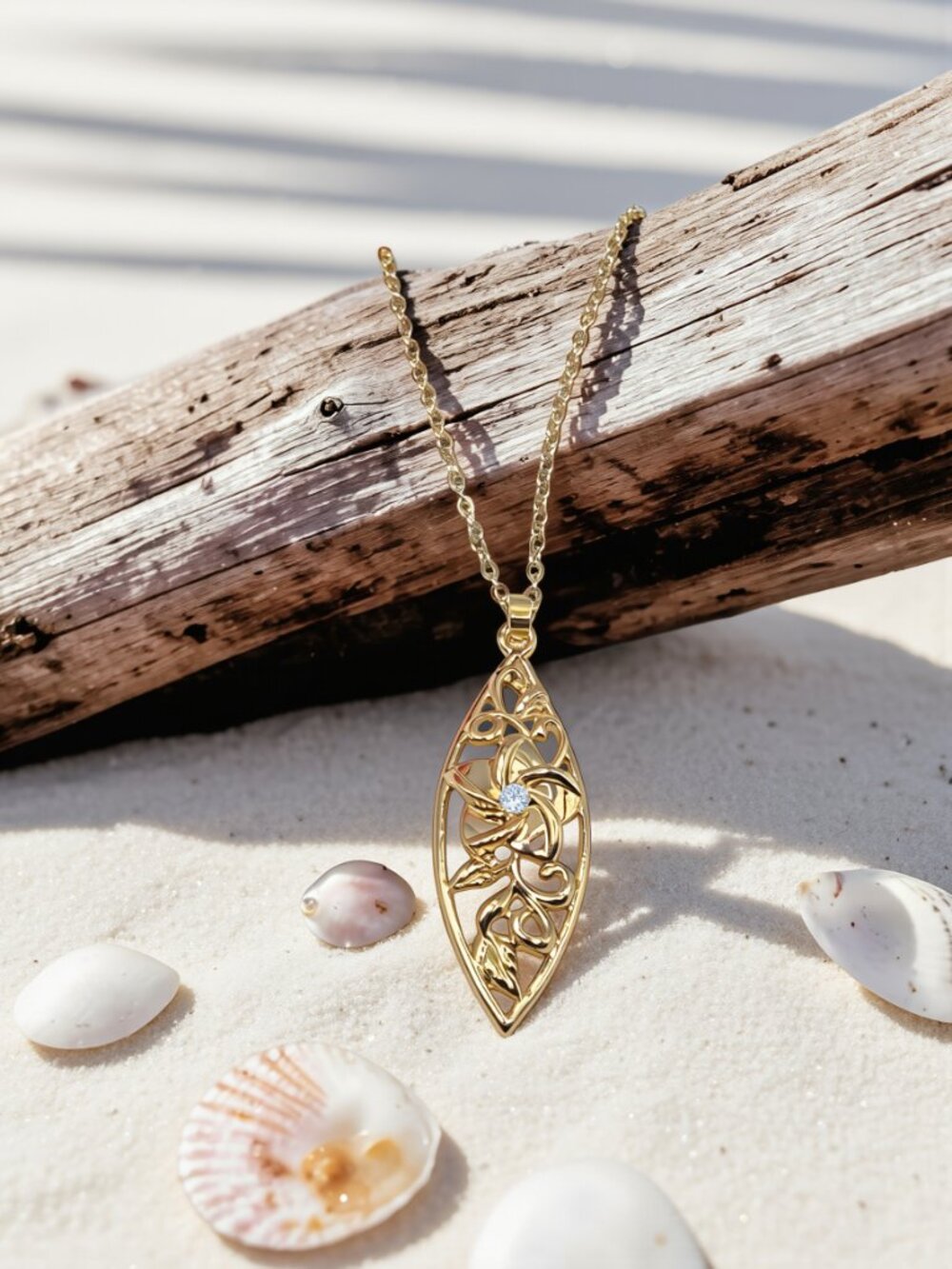 Gold Hawaiian Plumeria and Vine Surfboard Design Necklace